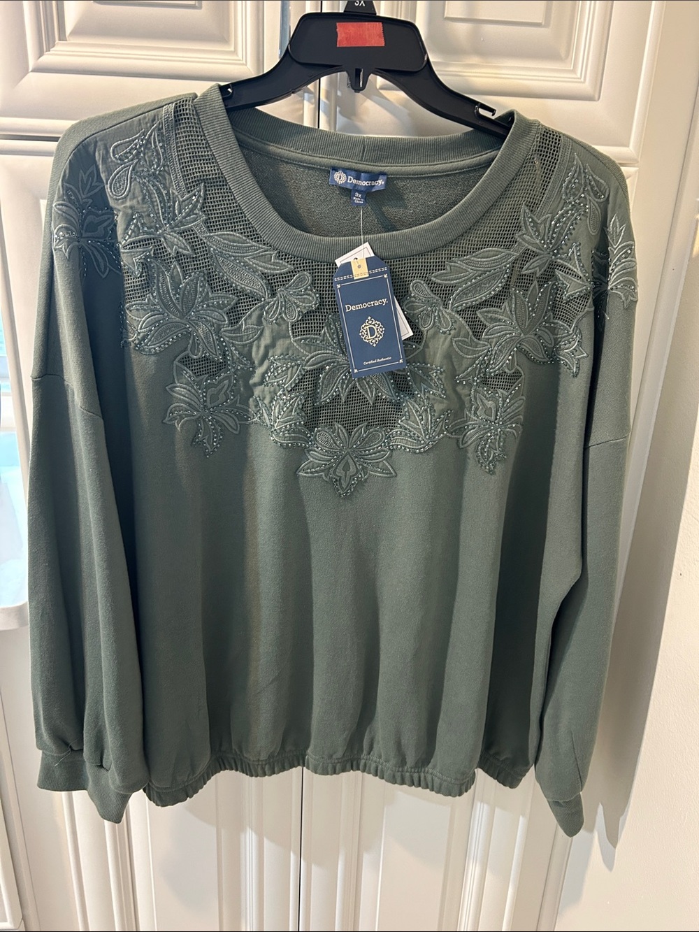 Democracy Olive Embroidered Floral Sweatshirt